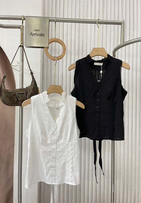 Sleeveless V-neckline Lace Trim Back Tie Blouse